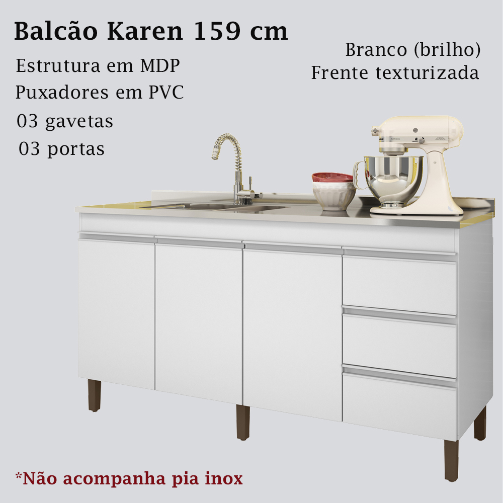 Balcão Pia 6200 Sem Tampo 159 Cm 3 Pt 3 Gv Branco PLLA