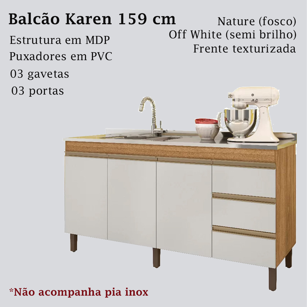 Balcão Pia 6200 Sem Tampo 159 Cm 3 Pt 3 Gv Nature Off White PLLA