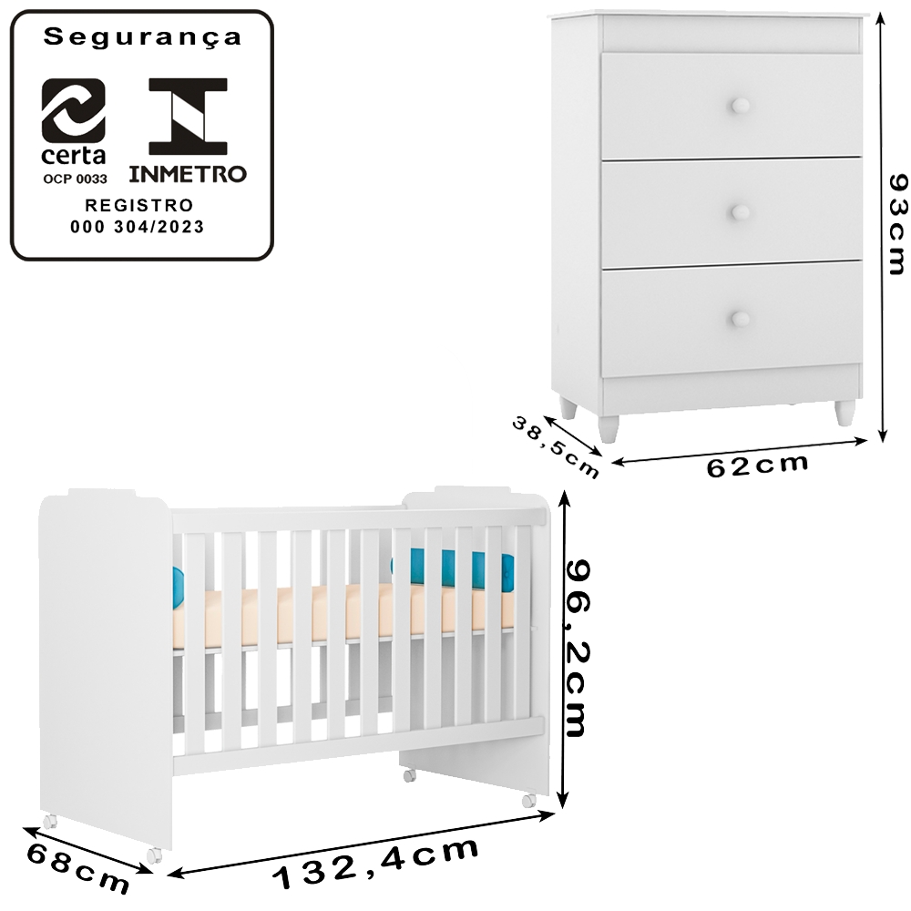 Berço Com Rodizios e Comoda TerAmore Branco PLLA