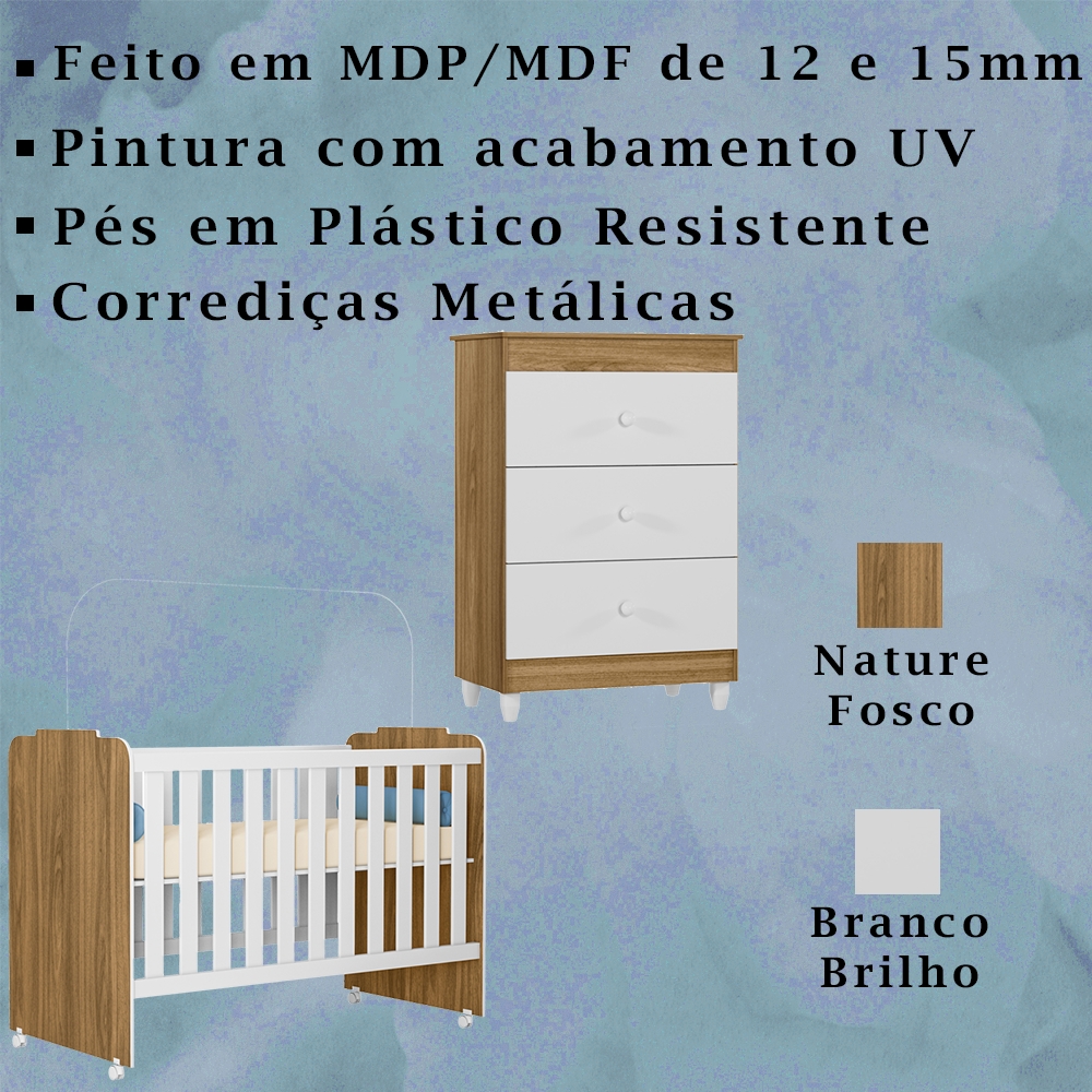Berço Com Rodizios e Comoda TerAmore Nature Branco PLLA