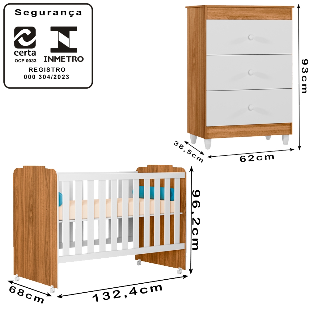 Berço Com Rodizios e Comoda TerAmore Nature Branco PLLA