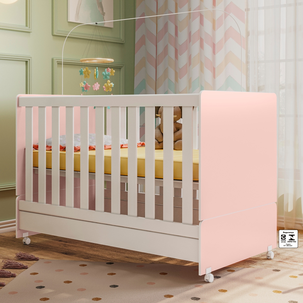 Berço Mini Cama 2 em 1 Com Rodizios 3200 Branco Rosa PLLA
