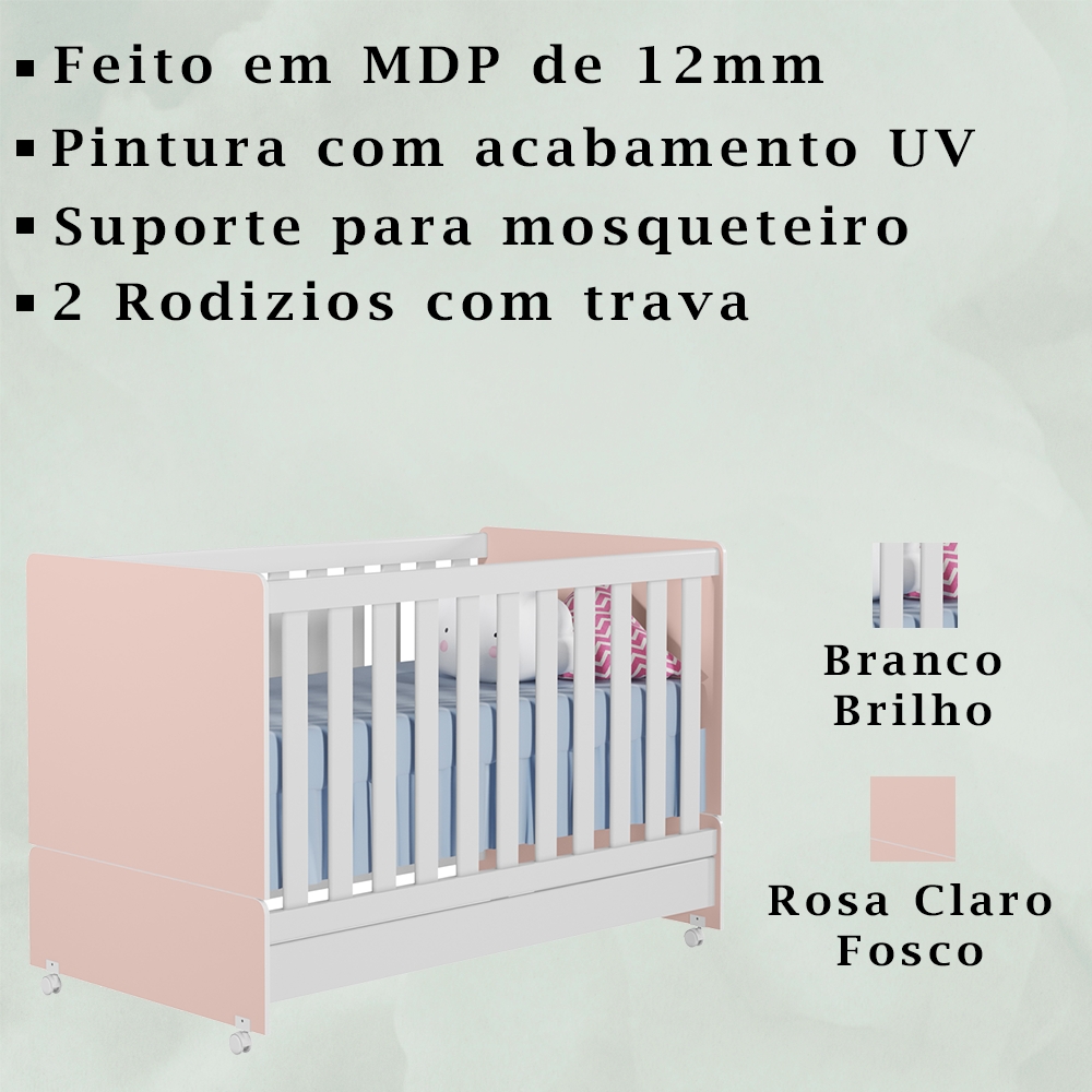 Berço Mini Cama 2 em 1 Com Rodizios 3200 Branco Rosa PLLA
