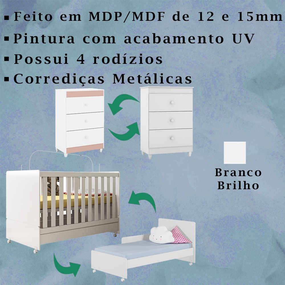 Berço Mini Cama 2 em 1 e Comoda Encanter Branco PLLA