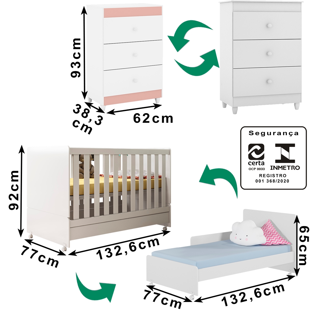Berço Mini Cama 2 em 1 e Comoda Encanter Branco PLLA