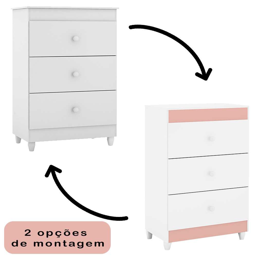 Comoda 3 Gavetas 93cm 4100 Branco Rosa Flex PLLA