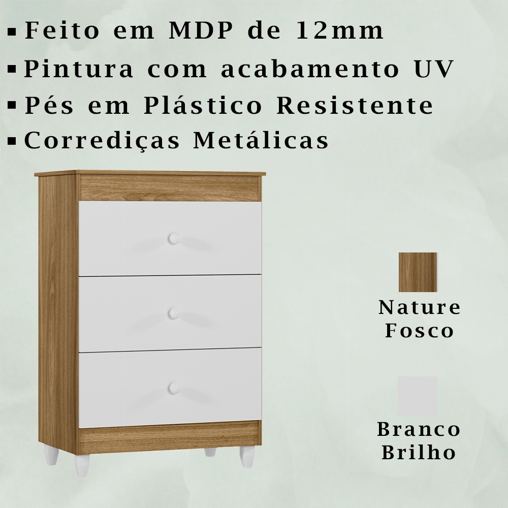 Comoda 3 Gavetas 93cm 4100 Nature Branco PLLA