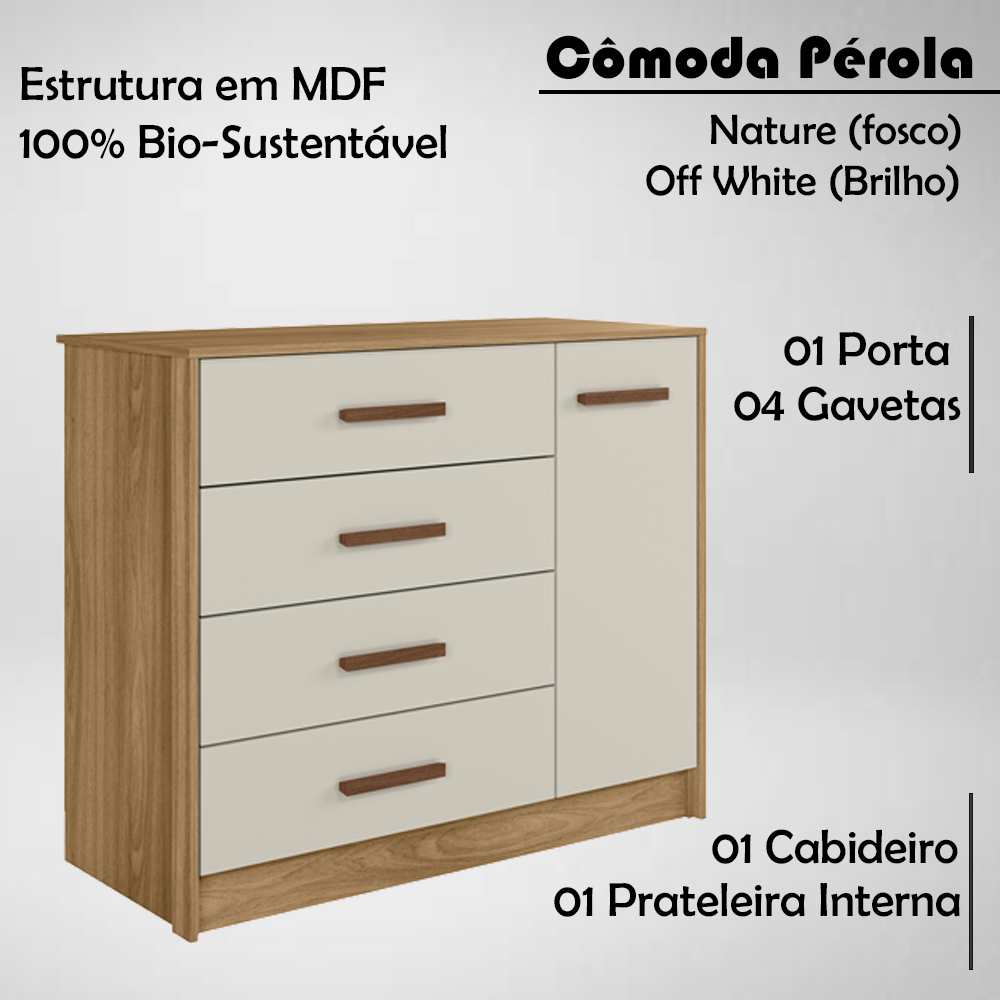 Comoda Infantil 04 Gavetas 01 Porta 4250 Nature Off White PLLA