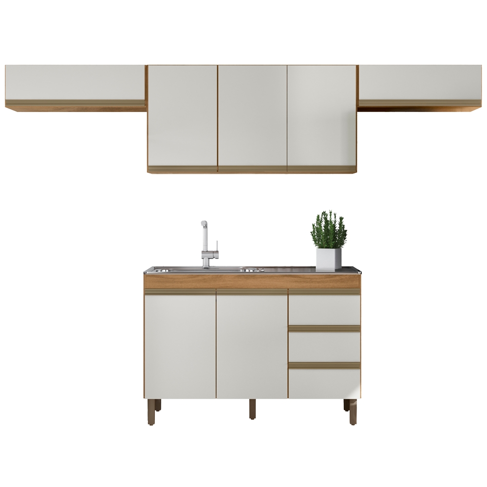 Cozinha Modulada 7 Portas 3 Gavetas 269cm Nature Off White PLLA