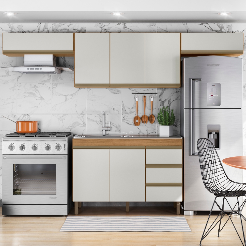 Cozinha Modulada 7 Portas 3 Gavetas 269cm Nature Off White PLLA