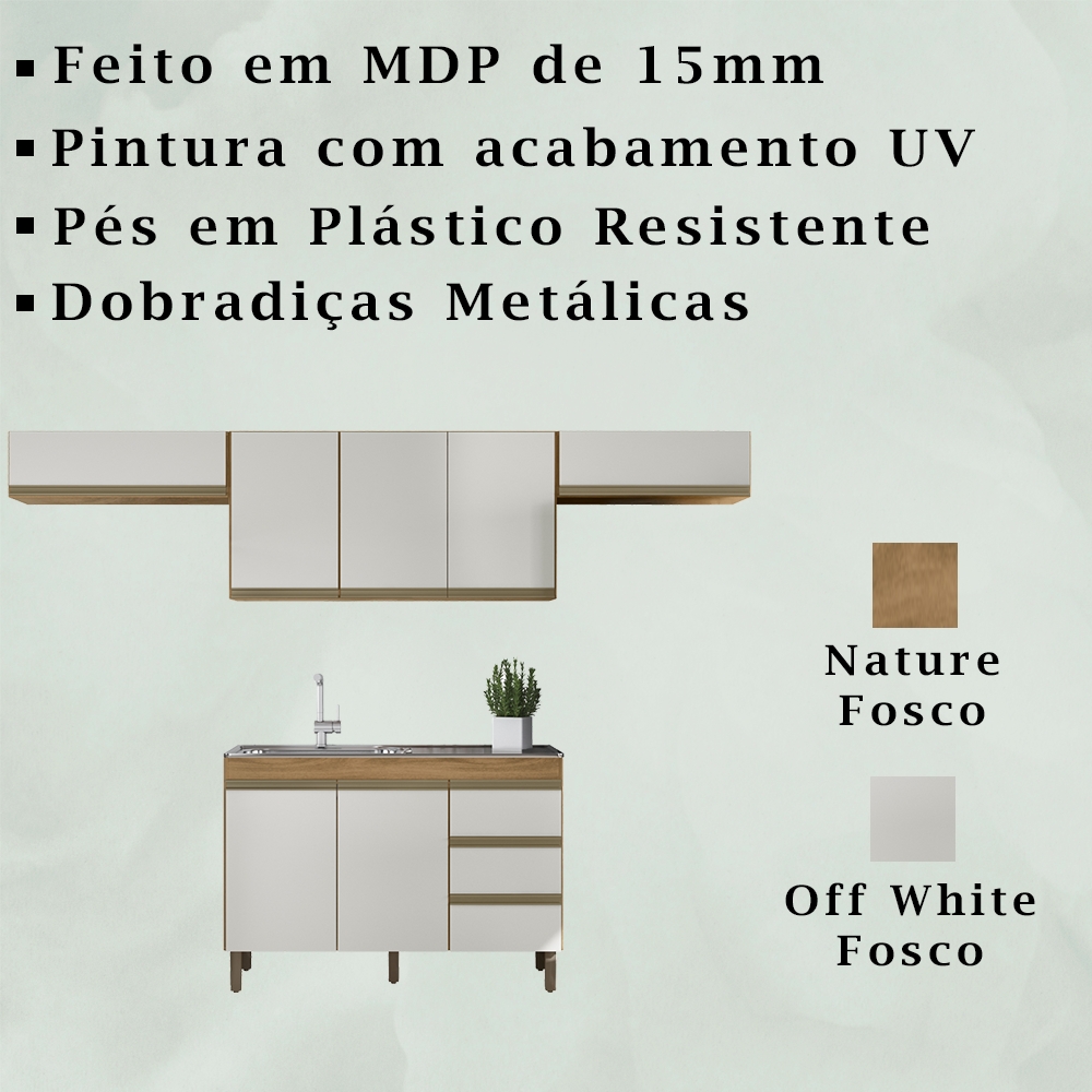 Cozinha Modulada 7 Portas 3 Gavetas 269cm Nature Off White PLLA
