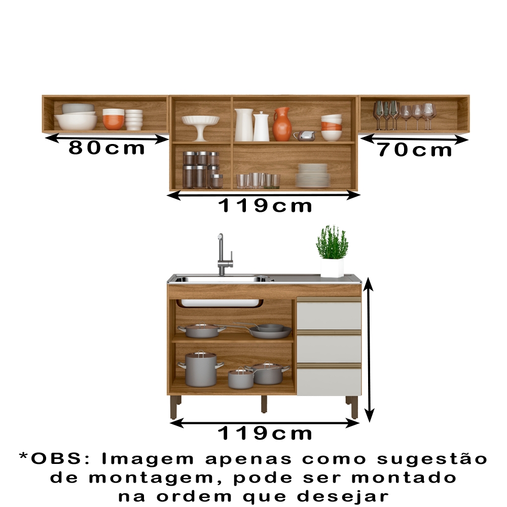 Cozinha Modulada 7 Portas 3 Gavetas 269cm Nature Off White PLLA