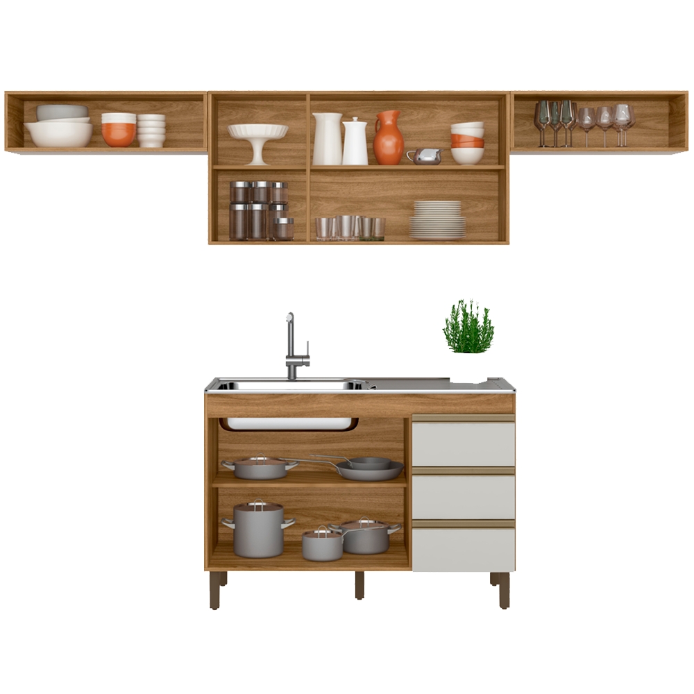 Cozinha Modulada 7 Portas 3 Gavetas 269cm Nature Off White PLLA