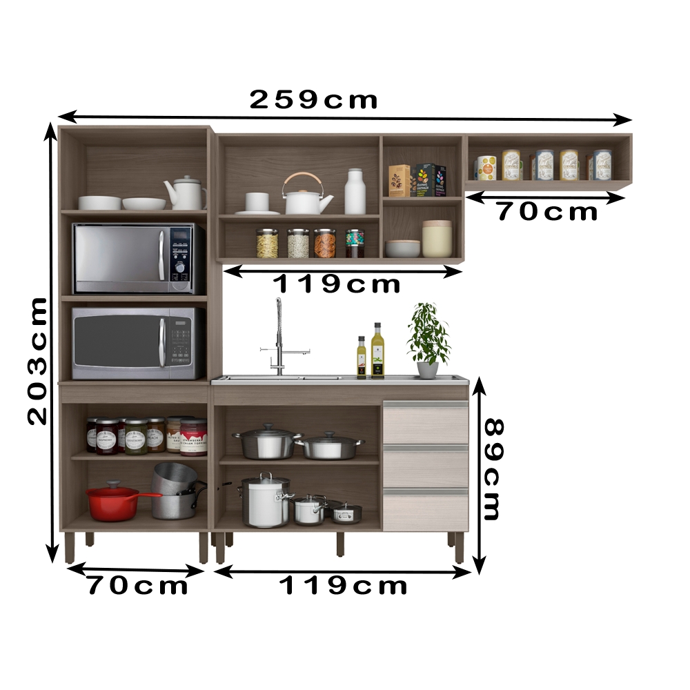 Cozinha Modulada 8 Portas 259cm 5550 Malbec Avela PLLA
