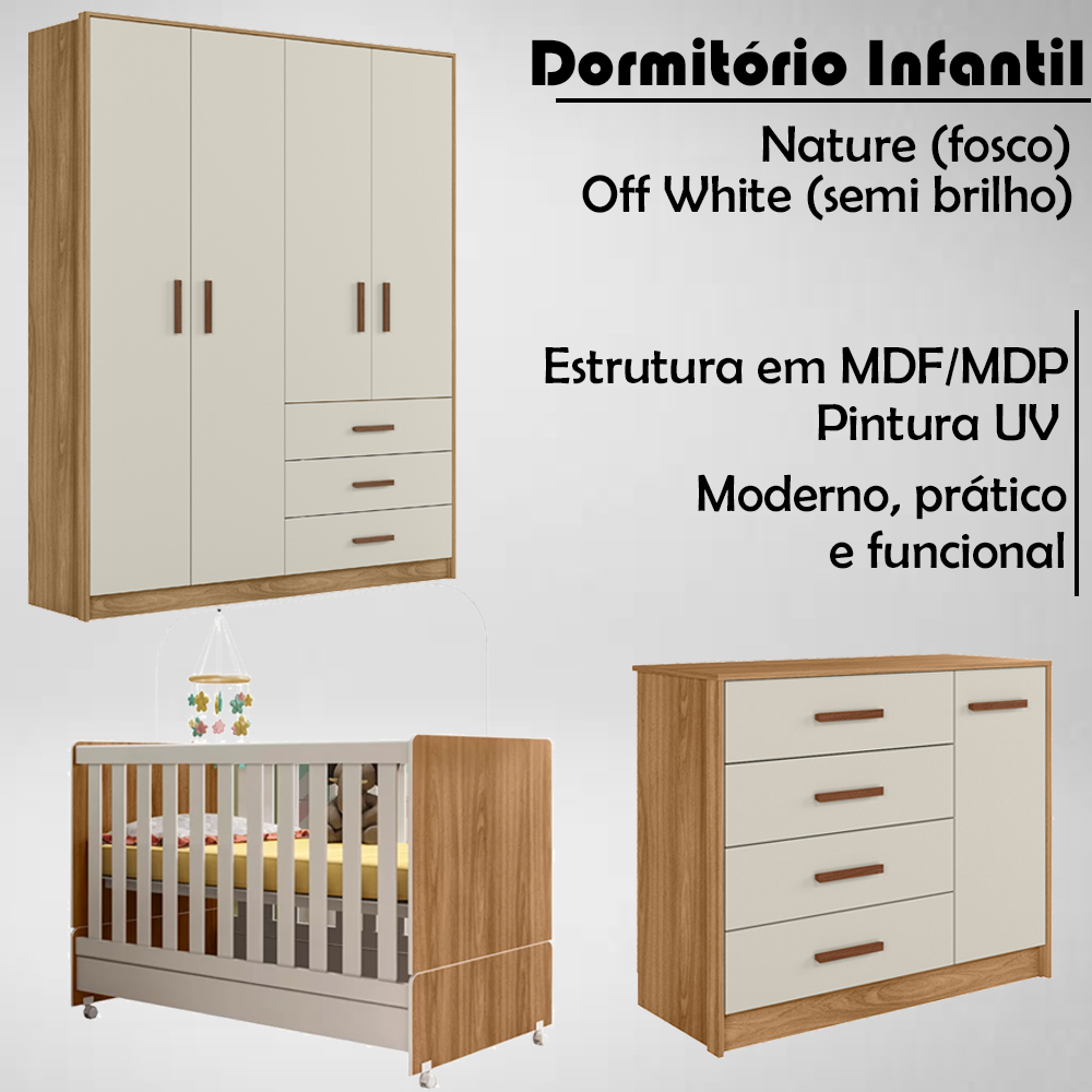 Dormitorio Infantil Completo 3 Peças 99210 Nature Off White PLLA