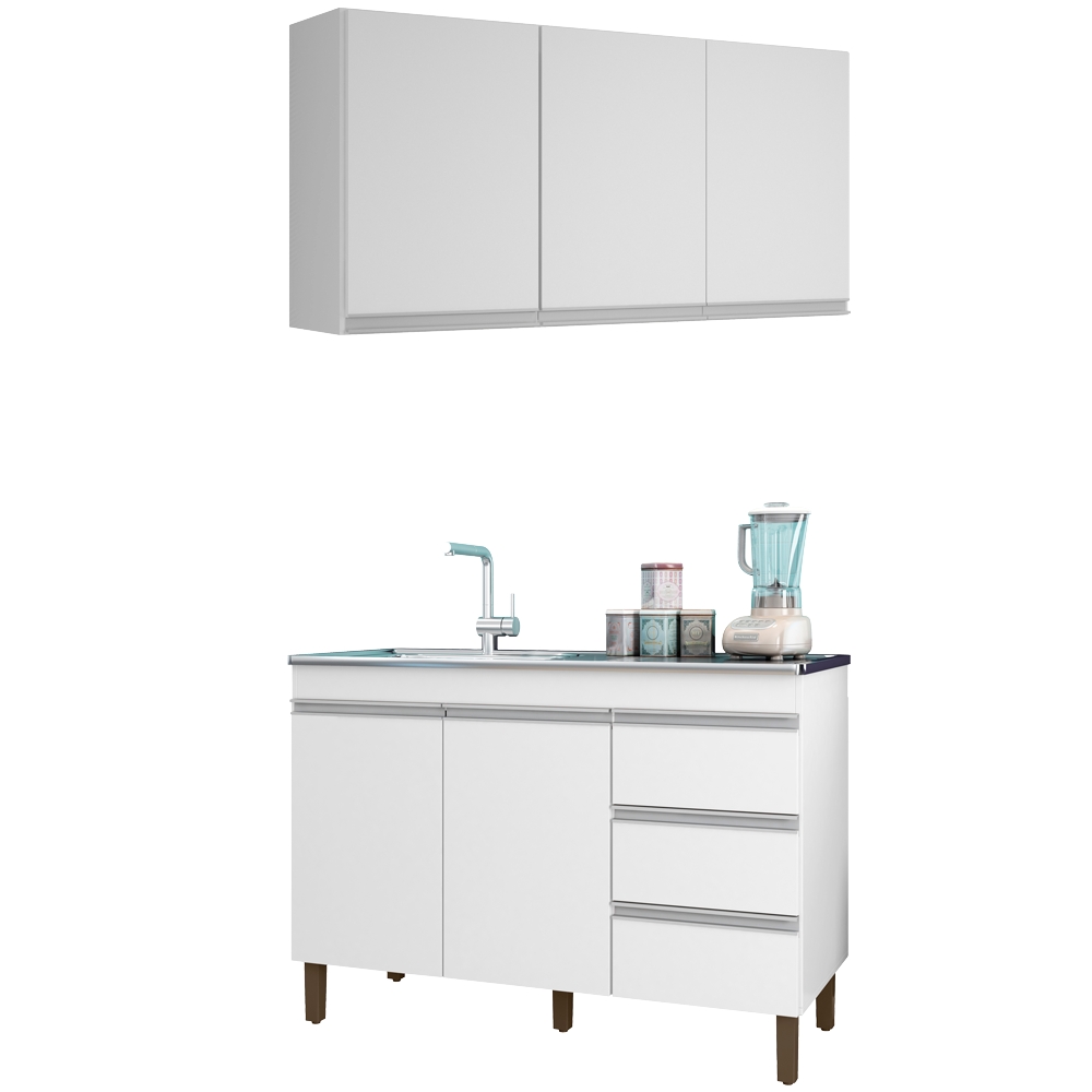 Kit Armario Aereo 3 Portas e Balcao 119cm Branco PLLA