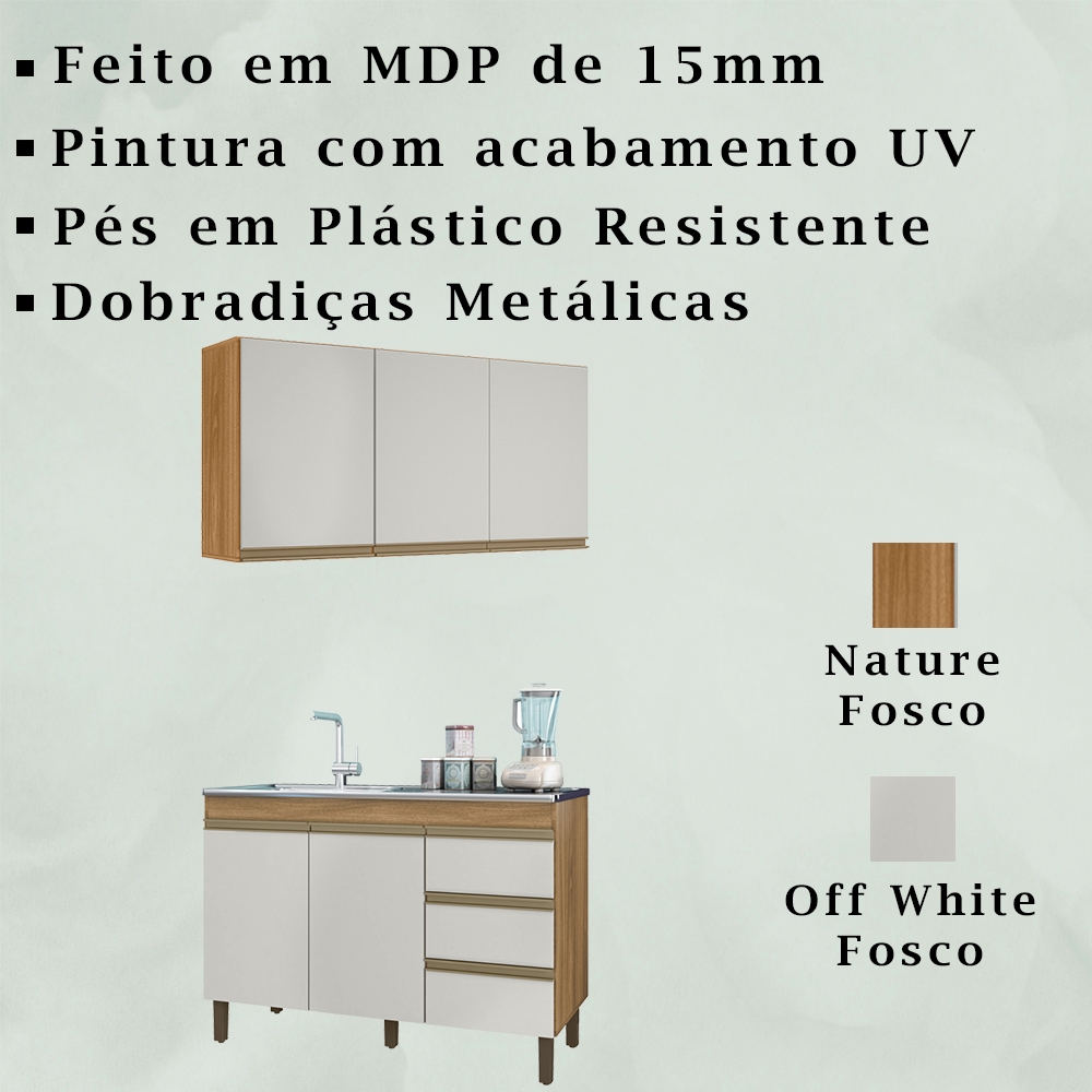 Kit Armario Aereo 3 Portas e Balcao 119cm Nature Off White PLLA