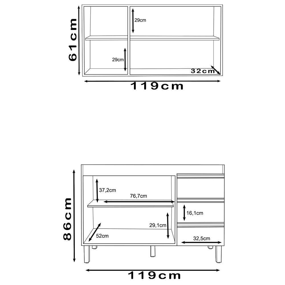 Kit Armario Aereo 3 Portas e Balcao 119cm Nature Off White PLLA