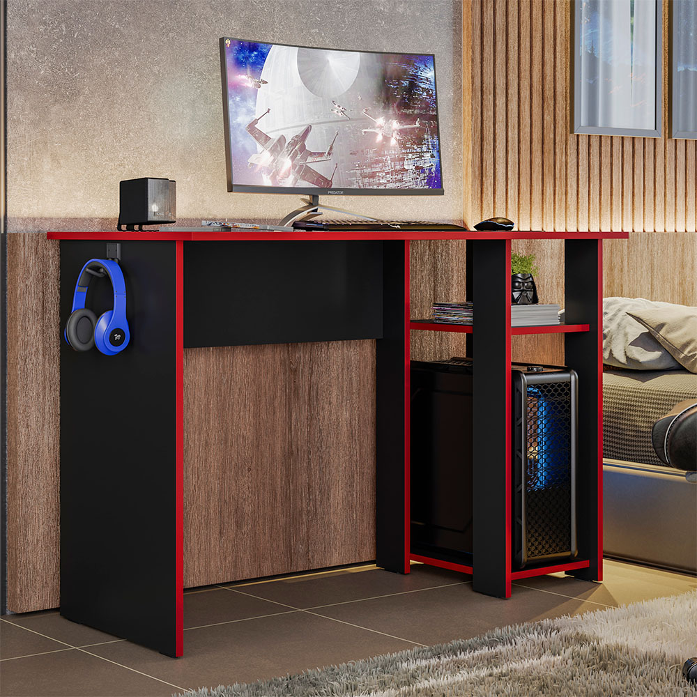 Mesa Gamer Slim Preto Fosco Texturizado Vermelho PLLA