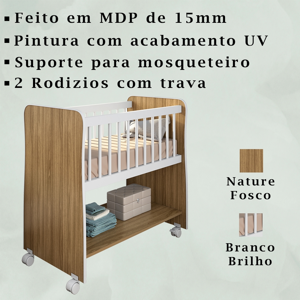 Mini Berço Com Rodizios 3050 Nature Branco PLLA