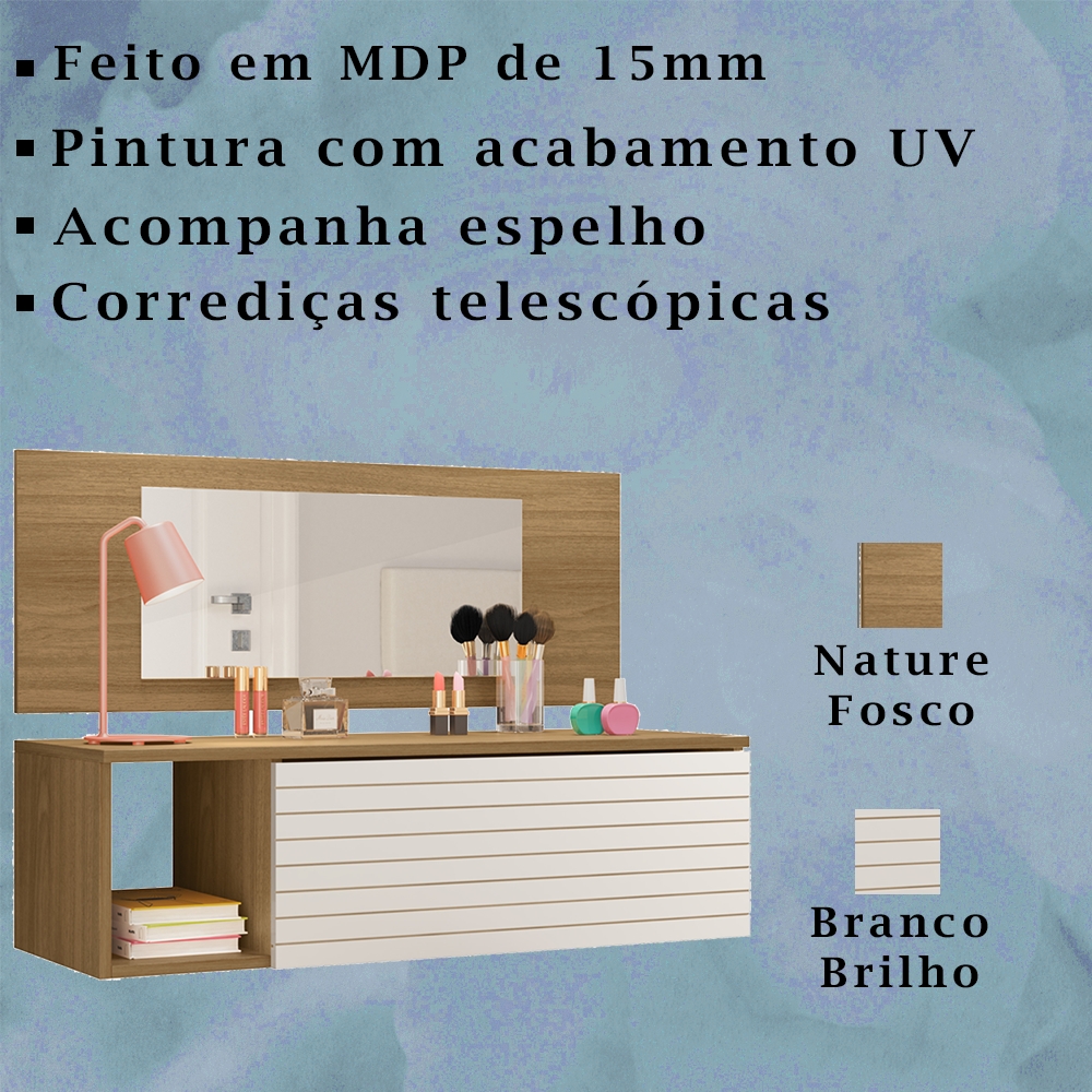 Penteadeira Suspensa Com Espelho 8400 Nature Branco PLLA
