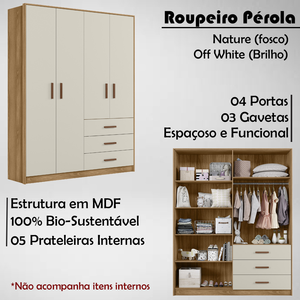 Roupeiro Infantil 9600 04 Portas 03 Gavetas Nature Off White PLLA
