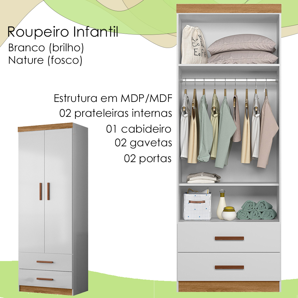 Roupeiro Infantil Flex 2 Portas 2 Gavetas 9100 Branco Nature PLLA
