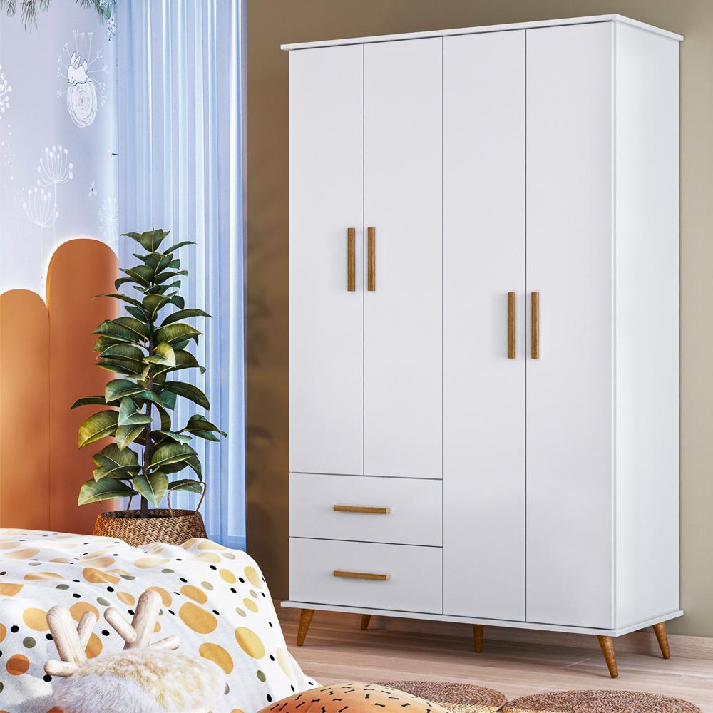 Roupeiro Retrô Noah 4 portas e 2 gavetas Branco Acetinado - Kasa Sofá