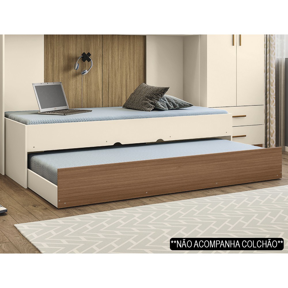Bicama Solteiro Cama Auxiliar 100% MDP Chiara Off White/Carvalho - Phoenix