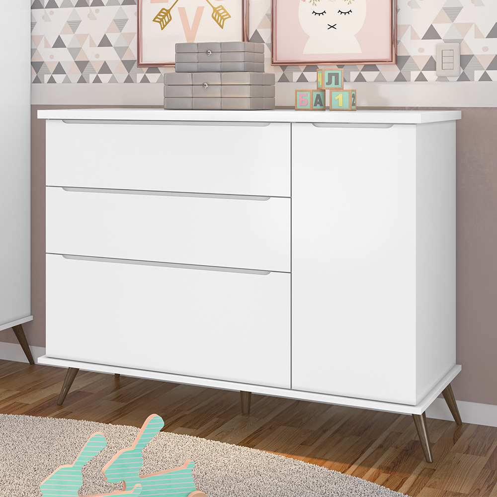 Cômoda Infantil 1 Porta 3 Gavetas 100% MDF Pés Retrô Melinda Branco - Phoenix
