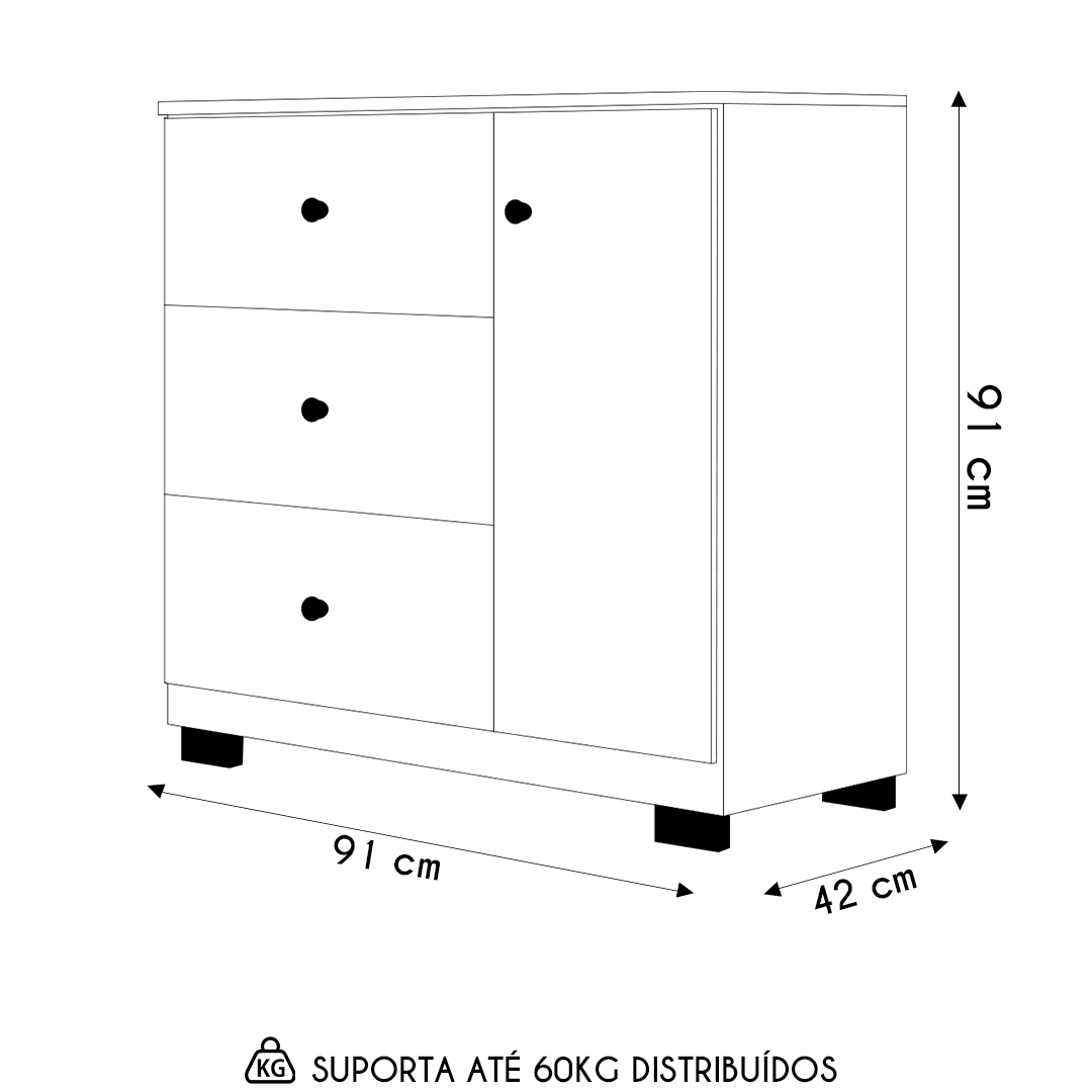 Cômoda Infantil 100% MDF 1 Porta e 3 Gavetas Duda Branco     - Phoenix