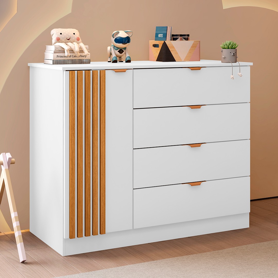 Cômoda Infantil 4 Gavetas Com 1 Porta Ripada Ayla Branco     - Phoenix