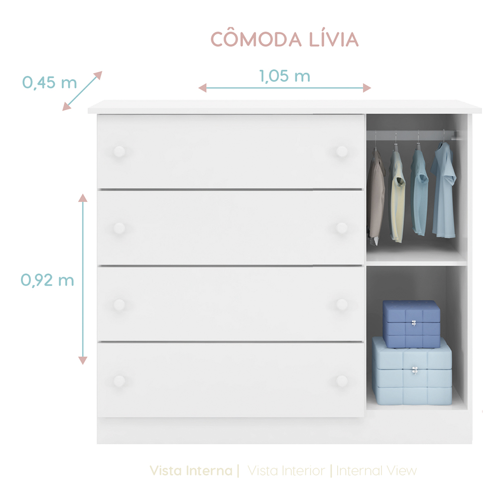 Cômoda Infantil Livia 01 Porta e 04 Gavetas Branco - Phoenix Baby