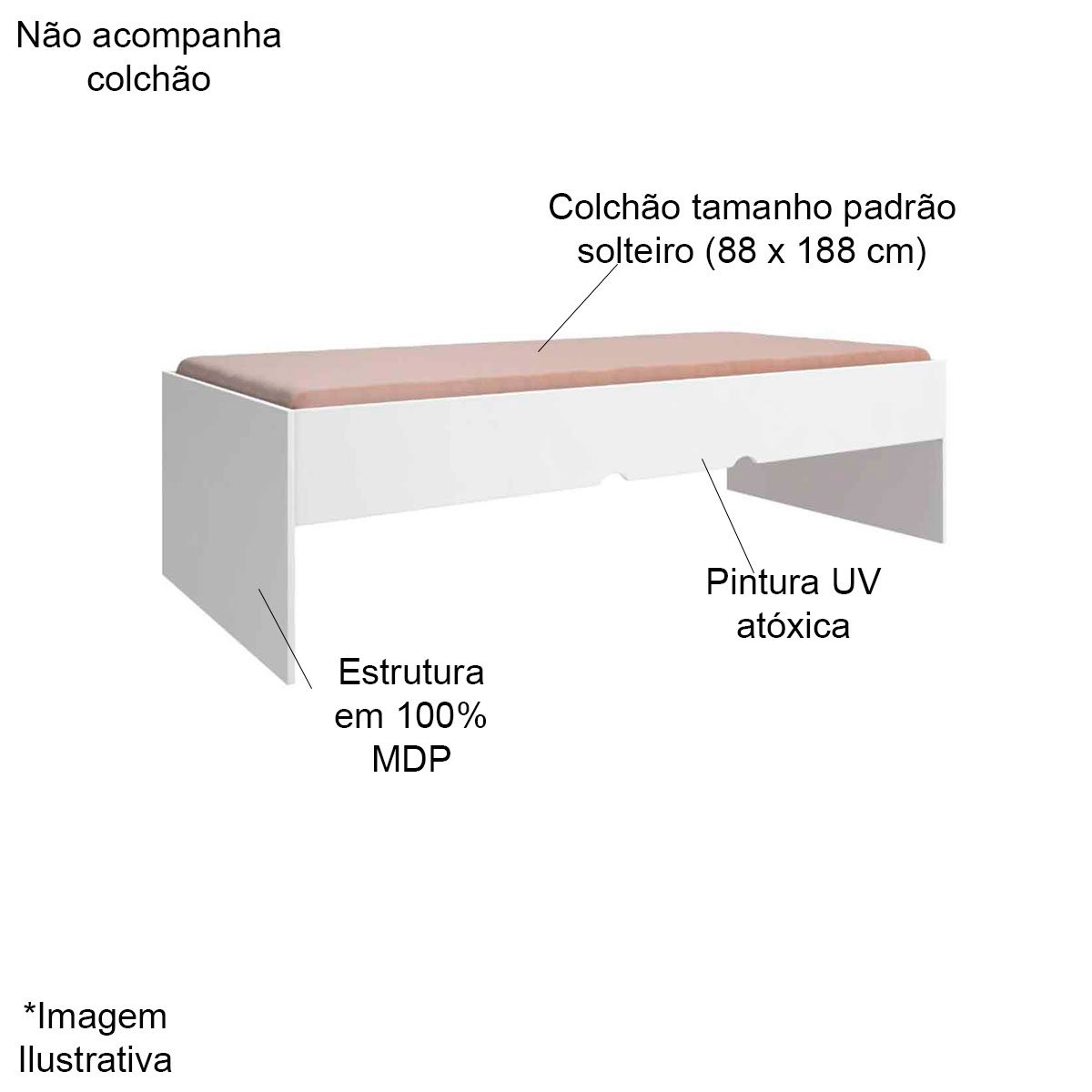 Cama Solteiro Infanto Juvenil MDP Clara  Branco