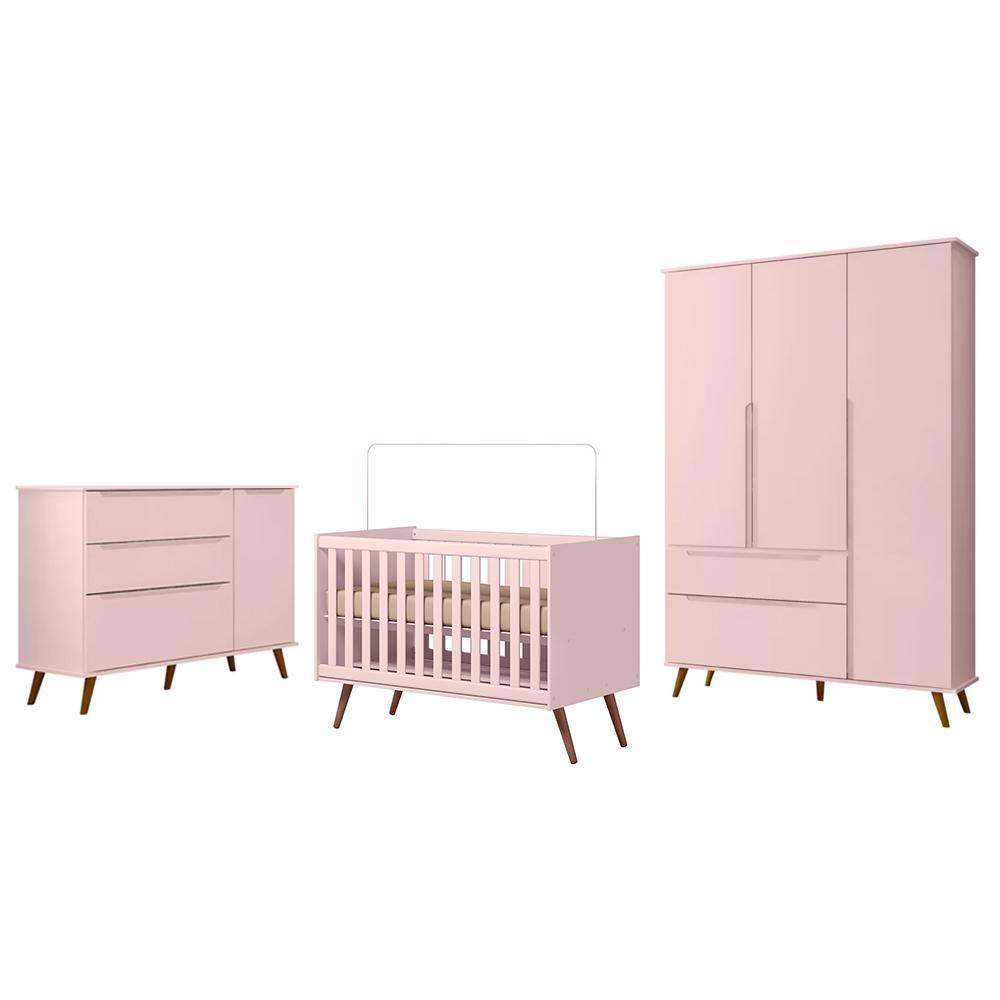 Dormitório Melinda Guarda Roupa, Cômoda com Porta e Berço Retrô Rosê Acetinado - Phoenix Baby