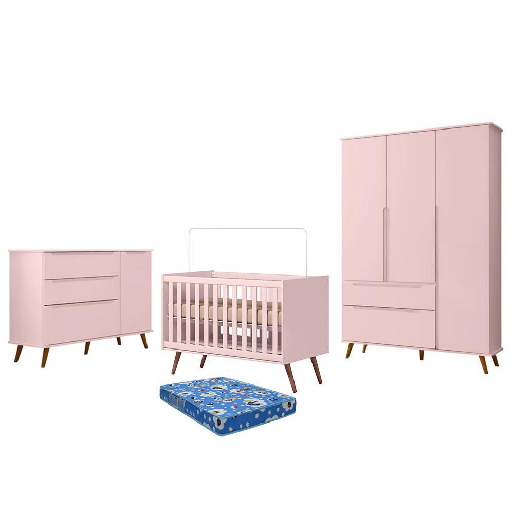 Dormitório Melinda Guarda Roupa, Cômoda e Berço Retrô Rosê Acetinado com Colchão Physical - Phoenix Baby