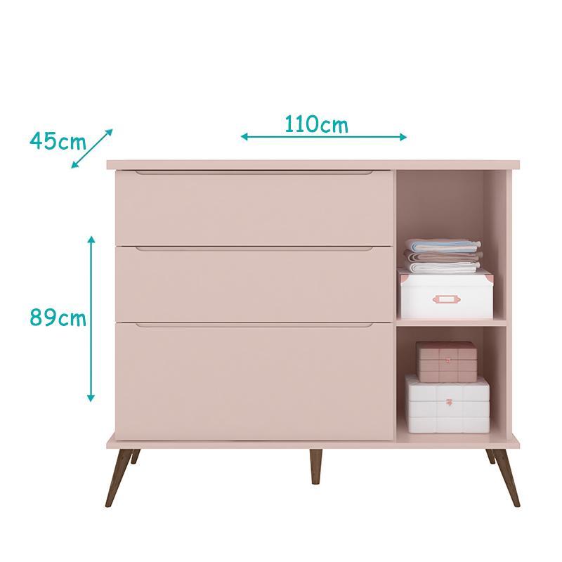 Dormitório Melinda Guarda Roupa, Cômoda e Berço Retrô Rosê Acetinado com Colchão Physical - Phoenix Baby