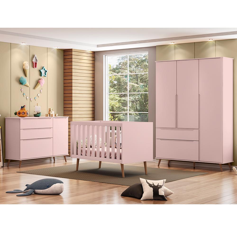 Dormitório Melinda Guarda Roupa, Cômoda e Berço Retrô Rosê Acetinado com Colchão Supreme - Phoenix Baby
