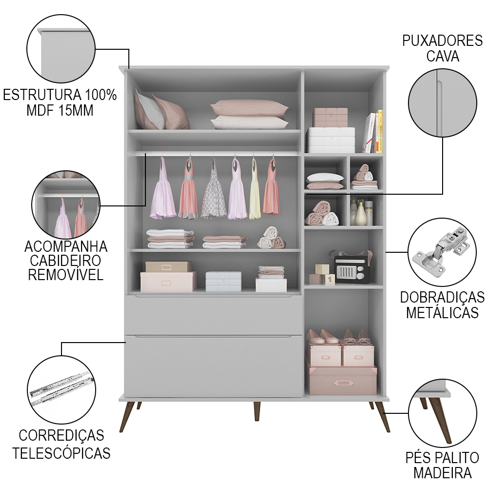 Guarda Roupa Infantil 100% MDF 3 Portas Pés Retrô Melinda Cinza - Phoenix