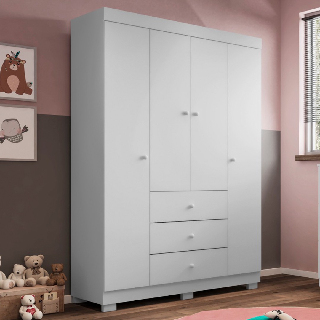 Guarda Roupa Infantil 136cm 4 Portas 3 Gavetas Duda Branco   - Phoenix