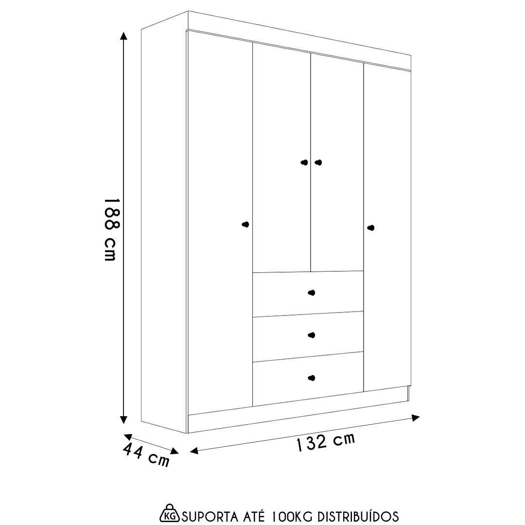 Guarda Roupa Infantil 136cm 4 Portas 3 Gavetas Duda Branco   - Phoenix