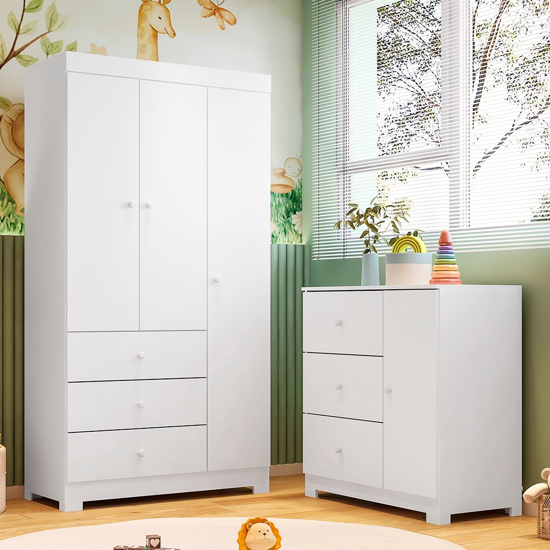 Guarda Roupa Infantil 3 Portas Cômoda 3 Gavetas Duda Branco  - Phoenix