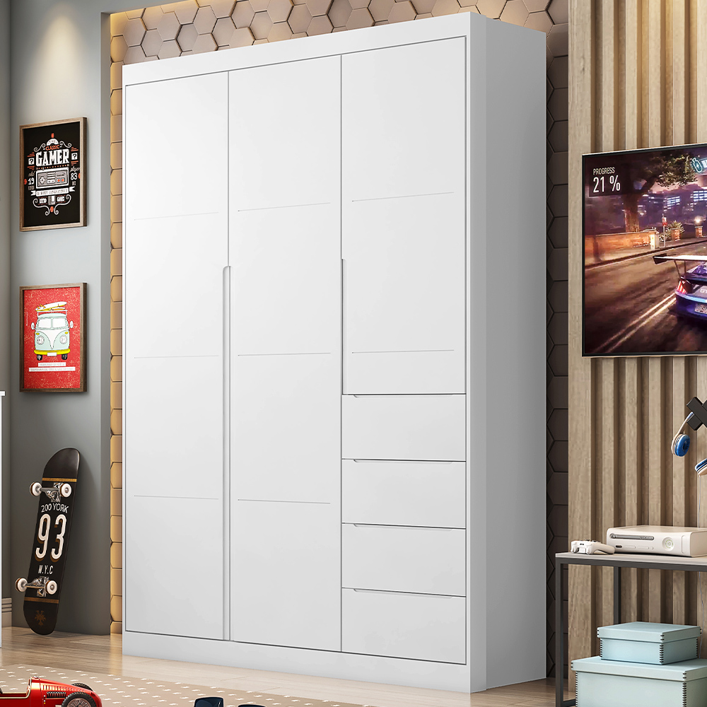 Guarda Roupa Infantil 3 Portas e 4 Gavetas Eloá Branco - Phoenix