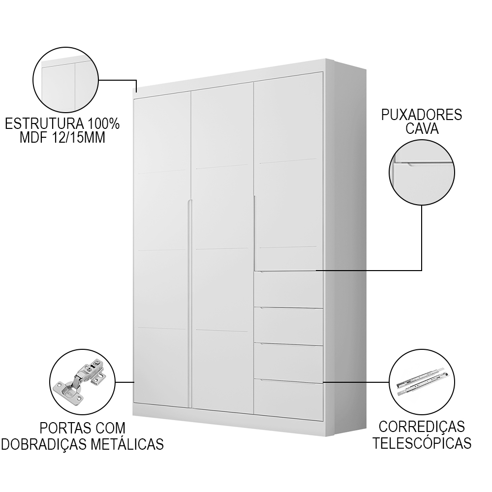 Guarda Roupa Infantil 3 Portas e 4 Gavetas Eloá Branco - Phoenix