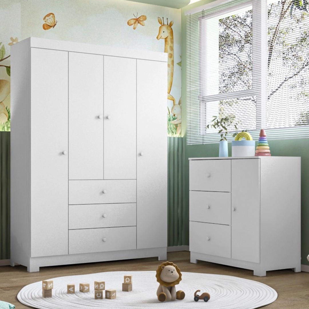 Guarda Roupa Infantil 4 Portas Cômoda 3 Gavetas Duda Branco  - Phoenix