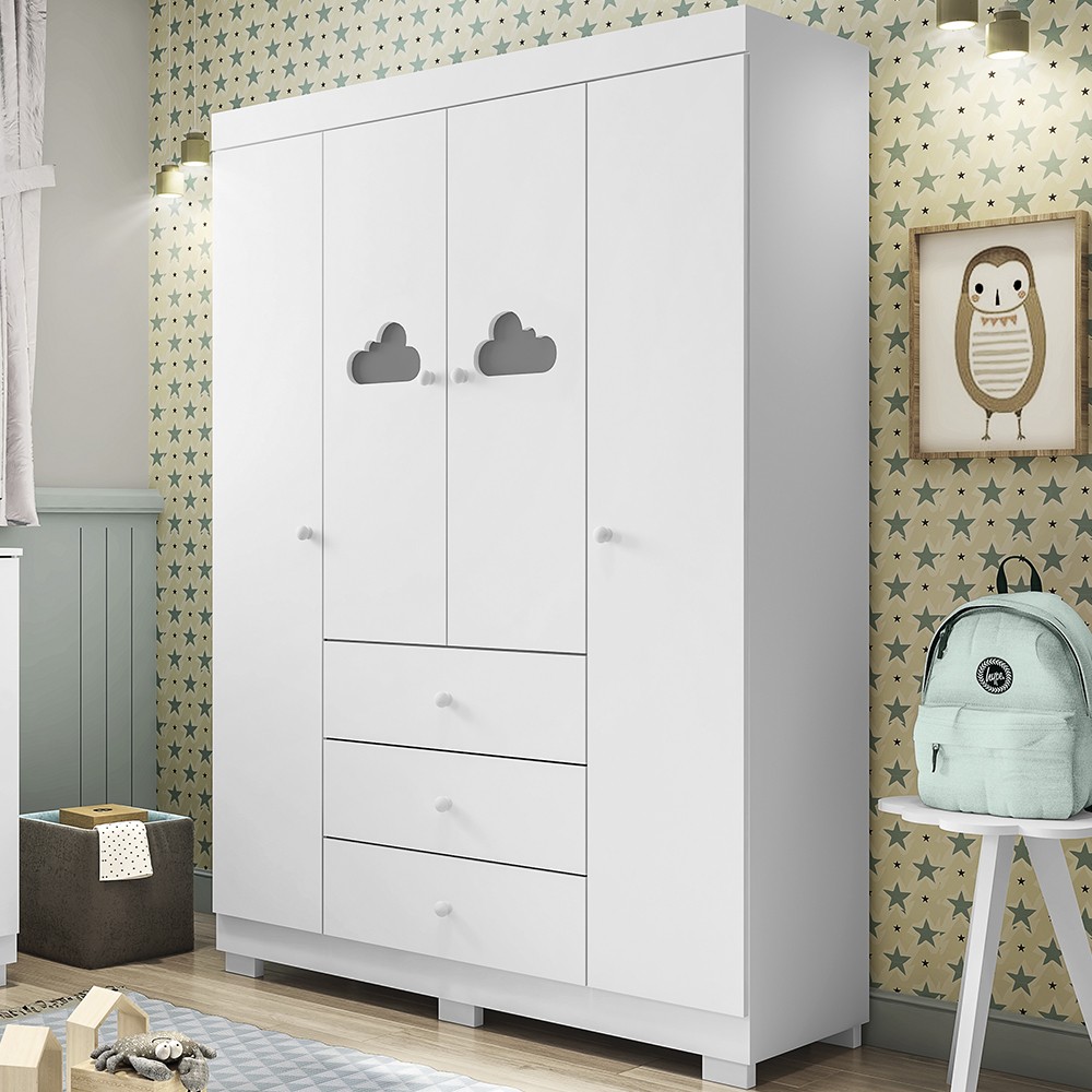 Guarda Roupa Infantil 4 Portas e 3 Gavetas Ane Branco - Phoenix