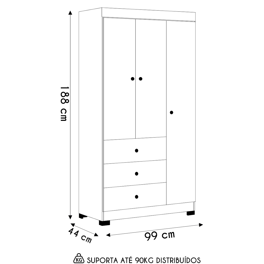 Guarda Roupa Infantil 99cm 3 Portas 3 Gavetas Duda Branco    - Phoenix