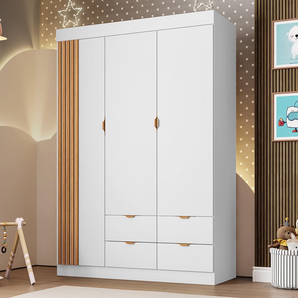Guarda Roupa Infantil Ayla 3 Portas e 4 Gavetas Branco Acetinado - Phoenix Baby