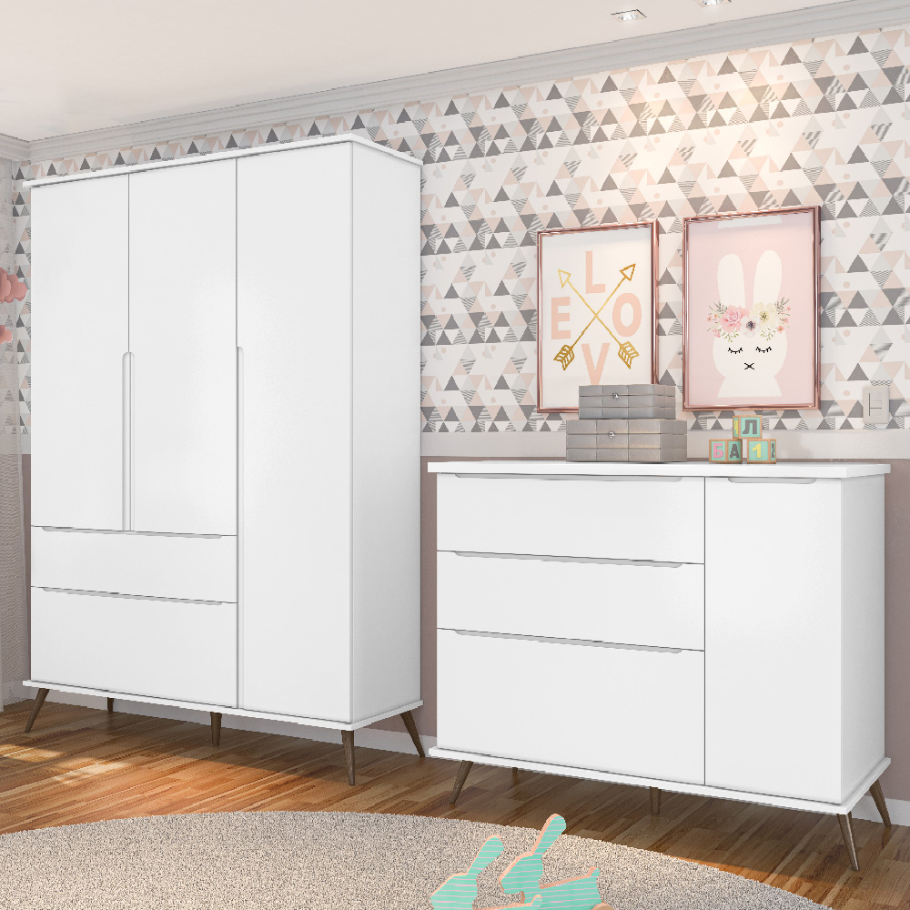 Jogo De Quarto Infantil Guarda Roupa e Cômoda 100% MDF Melinda Branco - Phoenix
