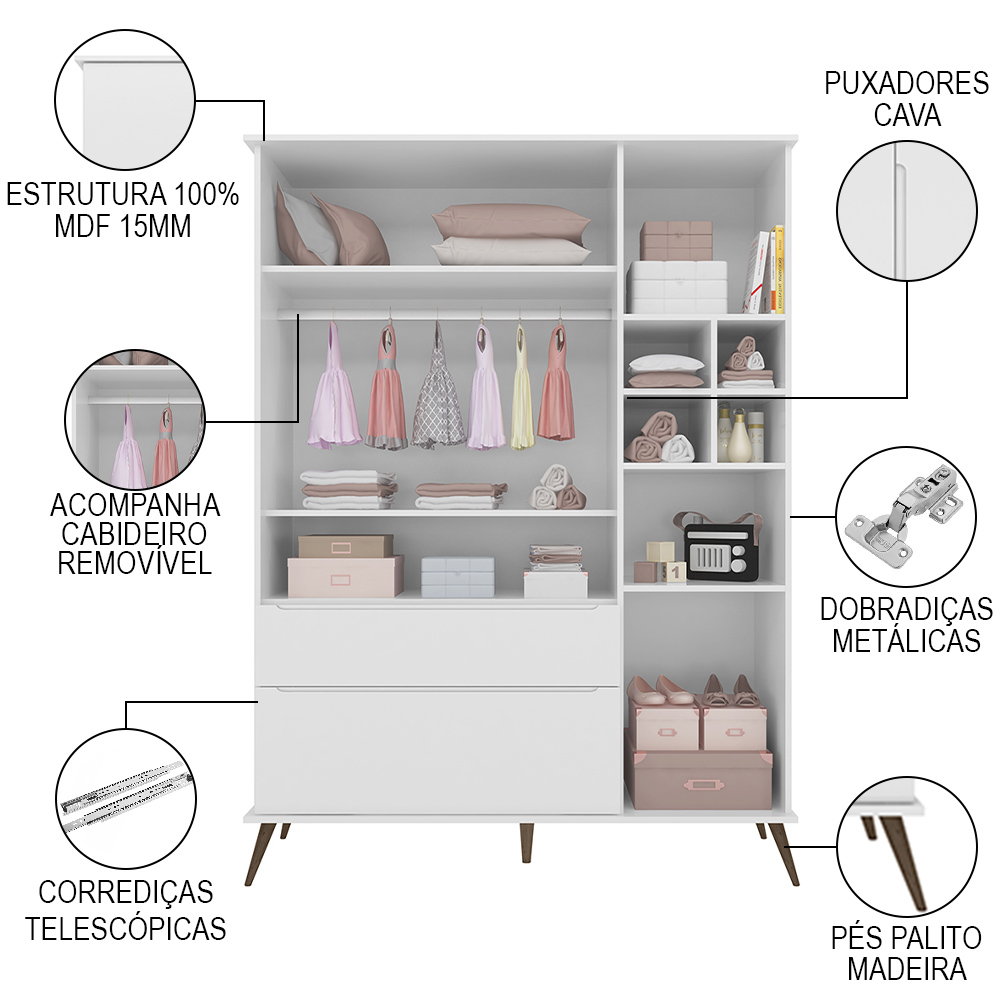 Jogo De Quarto Infantil Guarda Roupa e Cômoda 100% MDF Melinda Branco - Phoenix